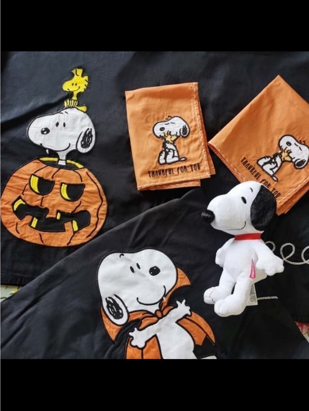 Bundle of Halloween Snoopy Peanuts Applique Tablecloth+2 Thanksgiving Napkins